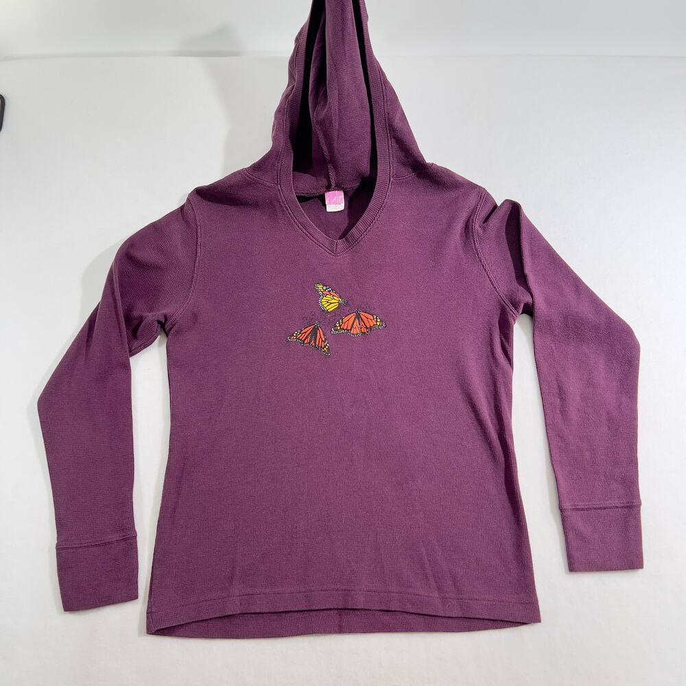 Waffle Weave Hoodie LAT Woman's M Purple w/ Butterfly Print On Front